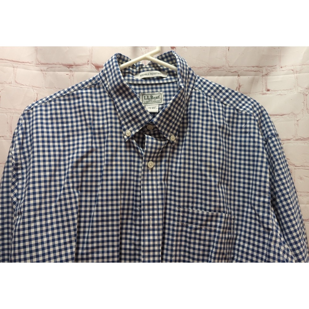 L.L. Bean XL long sleeve white blue checked plaid‎ button shirt men